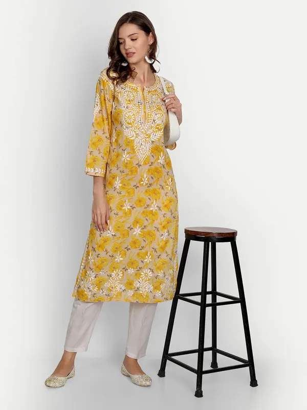 Multicolor_Lucknow_Chikankari_Hand_Embroidered_Long_Kurta_Mulmul_Cotton