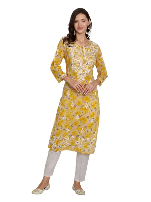 Multicolor_Lucknow_Chikankari_Hand_Embroidered_Long_Kurta_Mulmul_Cotton