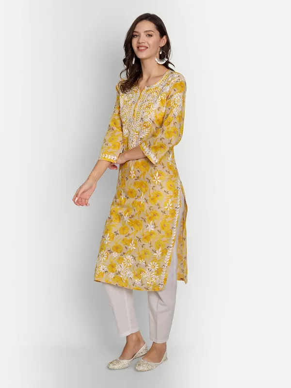 Multicolor_Lucknow_Chikankari_Hand_Embroidered_Long_Kurta_Mulmul_Cotton