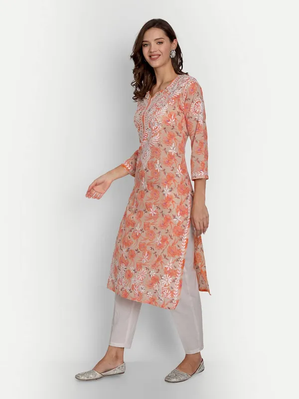 Orange_Lucknow_Chikankari_Hand_Embroidered_Long_Kurta_Mulmul_Cotton