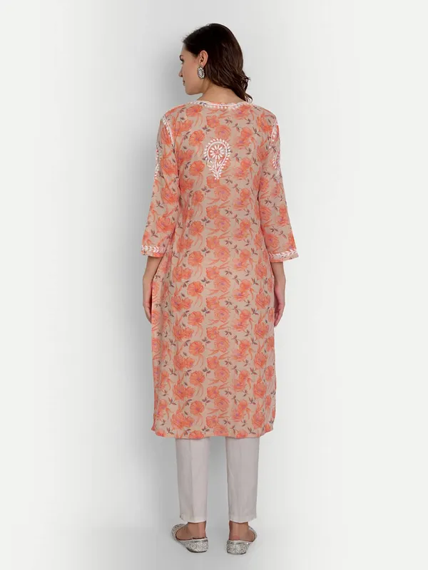 Orange_Lucknow_Chikankari_Hand_Embroidered_Long_Kurta_Mulmul_Cotton