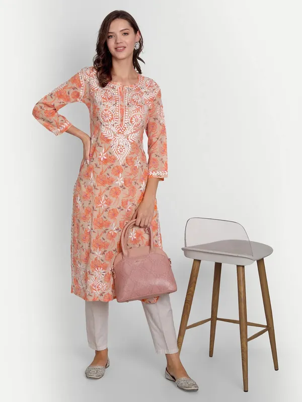 Orange_Lucknow_Chikankari_Hand_Embroidered_Long_Kurta_Mulmul_Cotton