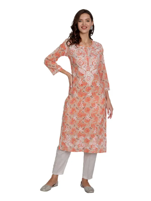 Orange_Lucknow_Chikankari_Hand_Embroidered_Long_Kurta_Mulmul_Cotton