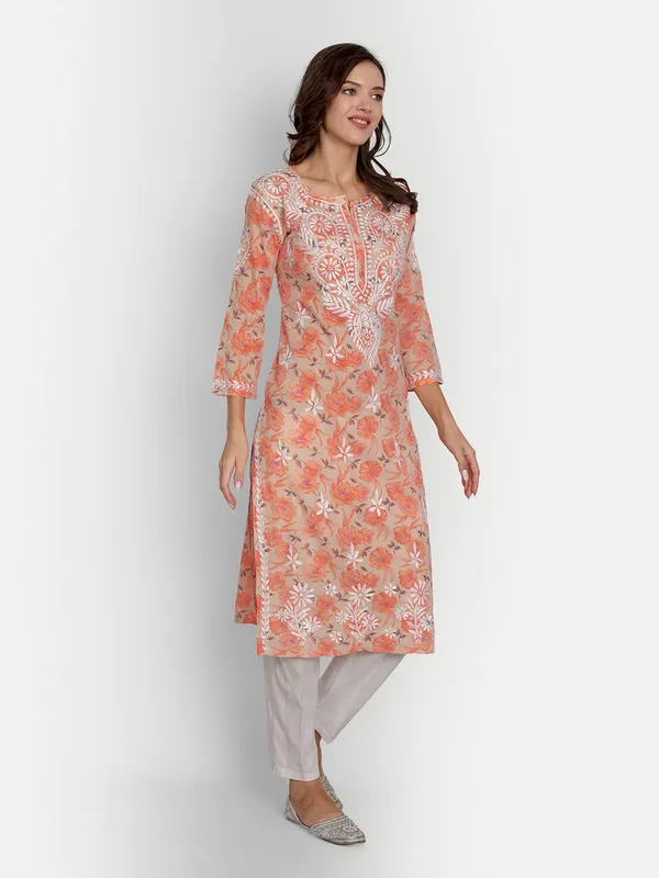 Orange_Lucknow_Chikankari_Hand_Embroidered_Long_Kurta_Mulmul_Cotton