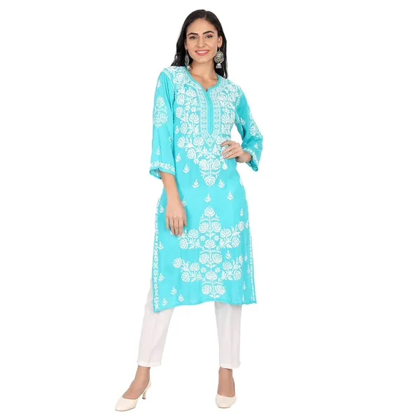 Multicolor_Lucknow_Chikankari_Hand_Embroidered_Long_Kurti_Cotton