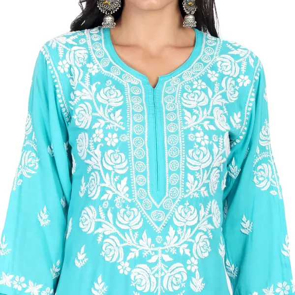 Multicolor_Lucknow_Chikankari_Hand_Embroidered_Long_Kurti_Cotton