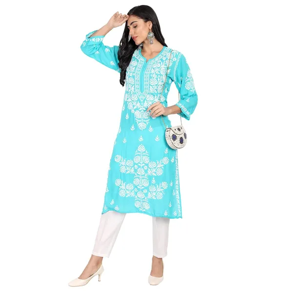 Multicolor_Lucknow_Chikankari_Hand_Embroidered_Long_Kurti_Cotton