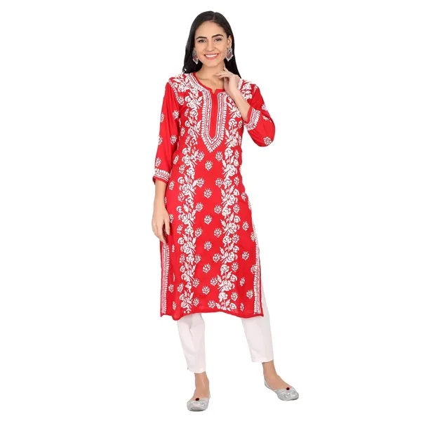 Ruby_Red_Lucknow_Chikankari_Hand_Embroidered_Long_Kurti_Cotton