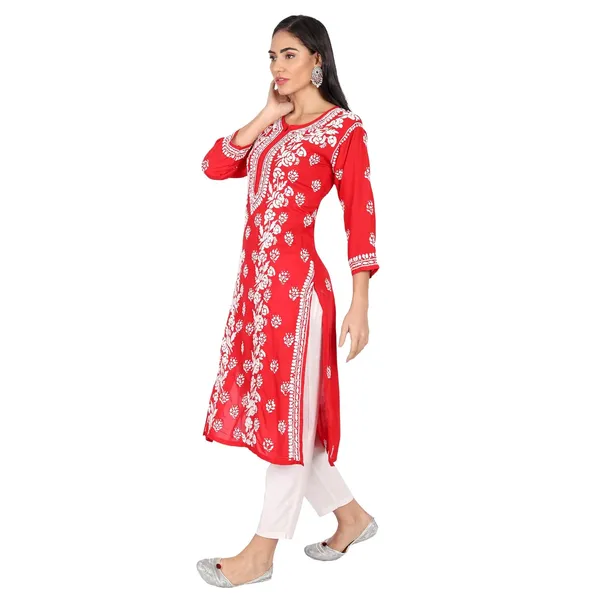 Ruby_Red_Lucknow_Chikankari_Hand_Embroidered_Long_Kurti_Cotton