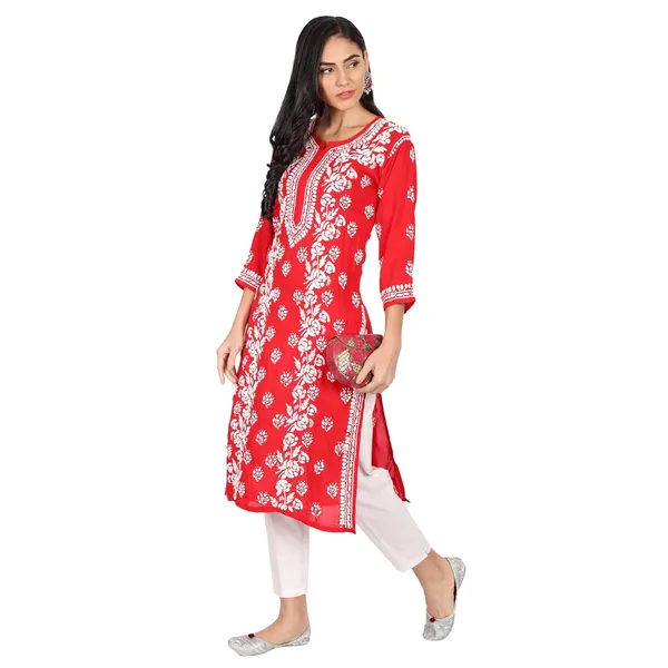 Ruby_Red_Lucknow_Chikankari_Hand_Embroidered_Long_Kurti_Cotton