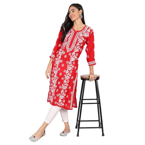 Ruby_Red_Lucknow_Chikankari_Hand_Embroidered_Long_Kurti_Cotton