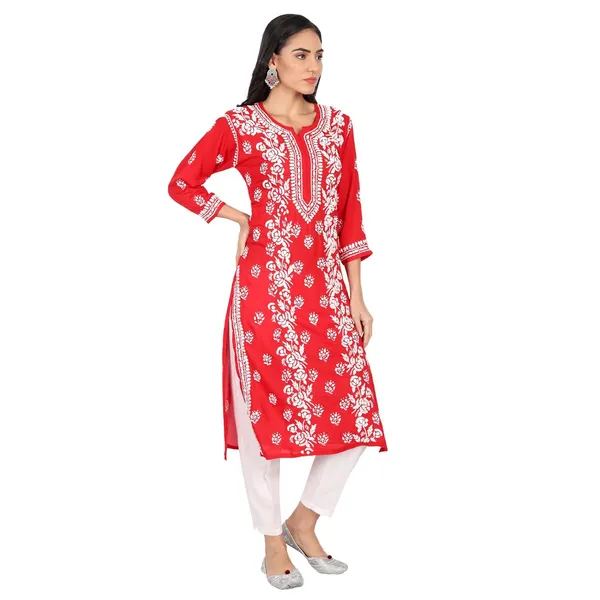 Ruby_Red_Lucknow_Chikankari_Hand_Embroidered_Long_Kurti_Cotton