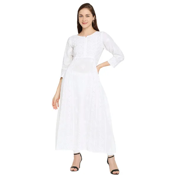 Multicolor_Lucknow_Chikankari_Hand_Embroidered_Mukaish/Badla_Work_Anarkali_Long_Kurti_Cotton