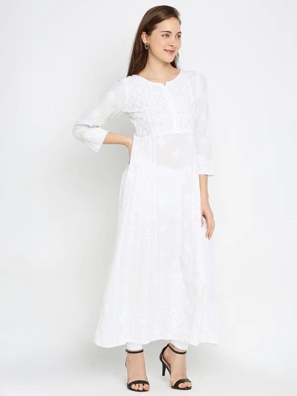 Multicolor_Lucknow_Chikankari_Hand_Embroidered_Mukaish/Badla_Work_Anarkali_Long_Kurti_Cotton