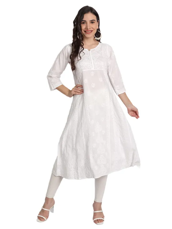 Peachpuff_Lucknow_Chikankari_Hand_Embroidered_Mukaish/Badla_Work_Anarkali_Kurti_Cotton
