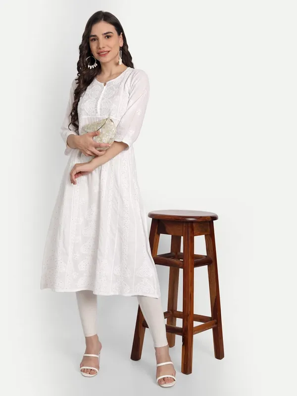 Peachpuff_Lucknow_Chikankari_Hand_Embroidered_Mukaish/Badla_Work_Anarkali_Kurti_Cotton