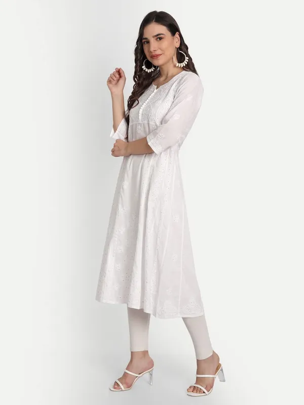 Peachpuff_Lucknow_Chikankari_Hand_Embroidered_Mukaish/Badla_Work_Anarkali_Kurti_Cotton