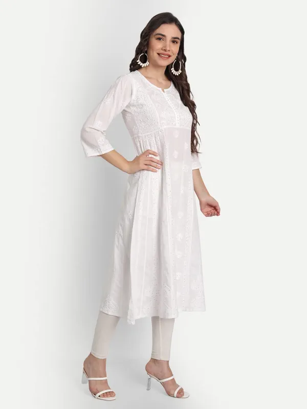 Peachpuff_Lucknow_Chikankari_Hand_Embroidered_Mukaish/Badla_Work_Anarkali_Kurti_Cotton