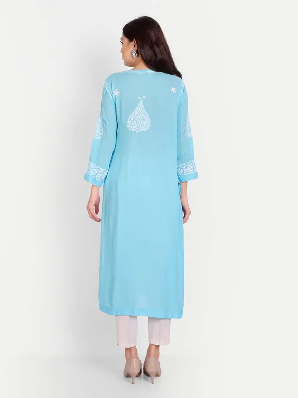 Sky_Blue_Chikankari_Hand_Embroidered_Long_Kurti_Cotton