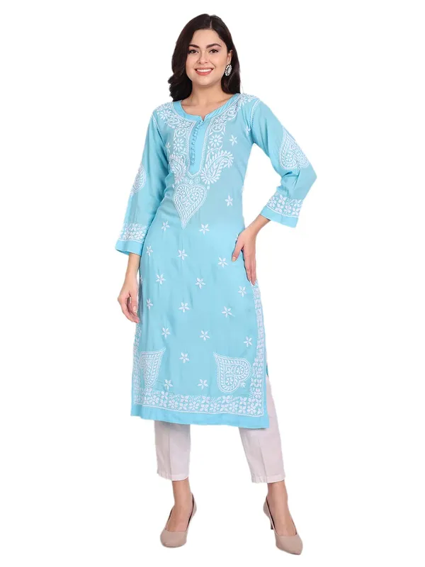 Sky_Blue_Lucknow_Chikankari_Hand_Embroidered_Long_Kurta_Cotton
