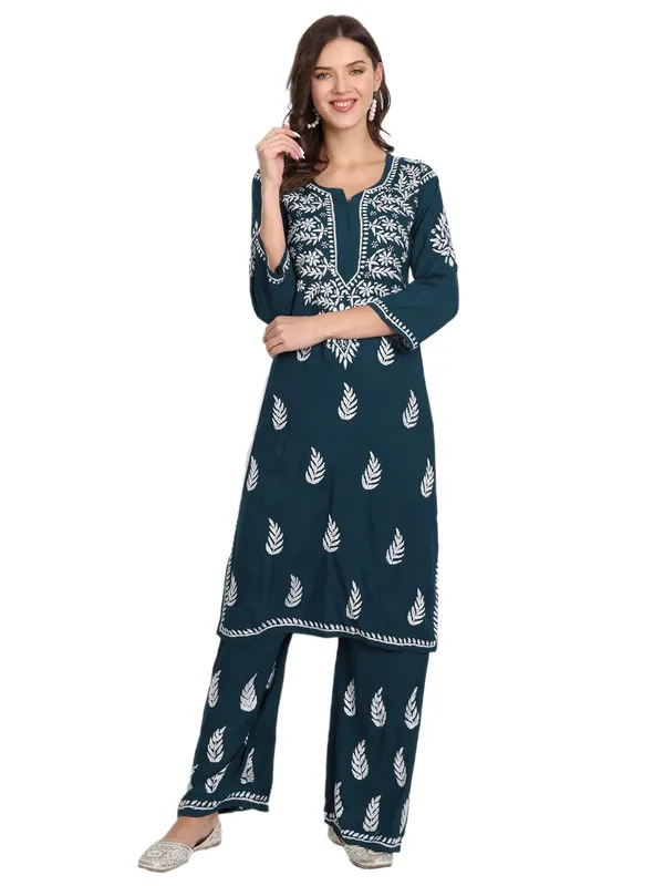 Turquoise_Blue_Lucknowi_Chikankari_Hand_Embroidered_Kurti_Palazzo_Set_Cotton