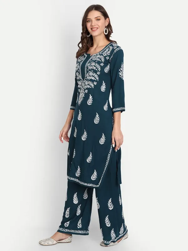 Turquoise_Blue_Lucknowi_Chikankari_Hand_Embroidered_Kurti_Palazzo_Set_Cotton