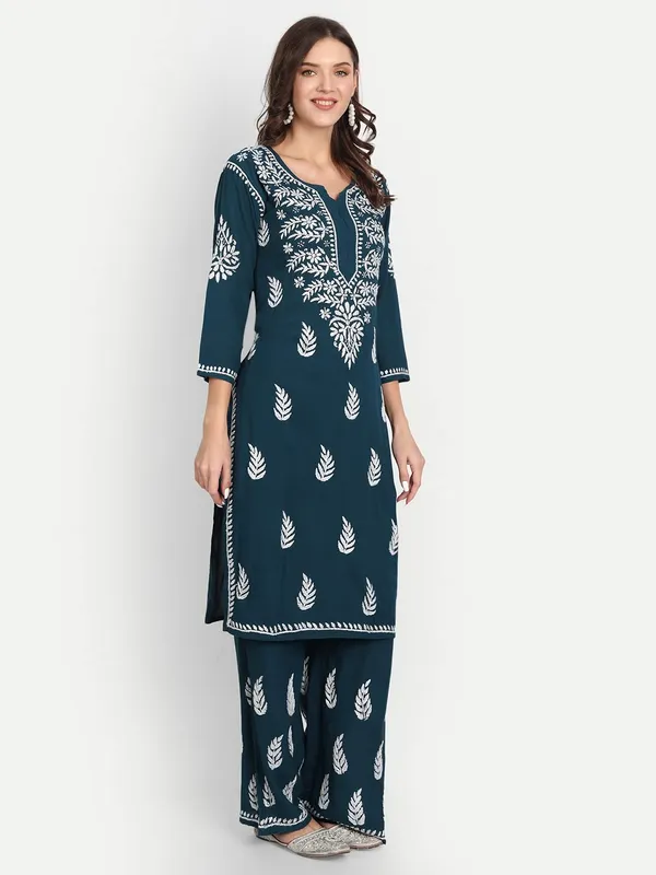 Turquoise_Blue_Lucknowi_Chikankari_Hand_Embroidered_Kurti_Palazzo_Set_Cotton