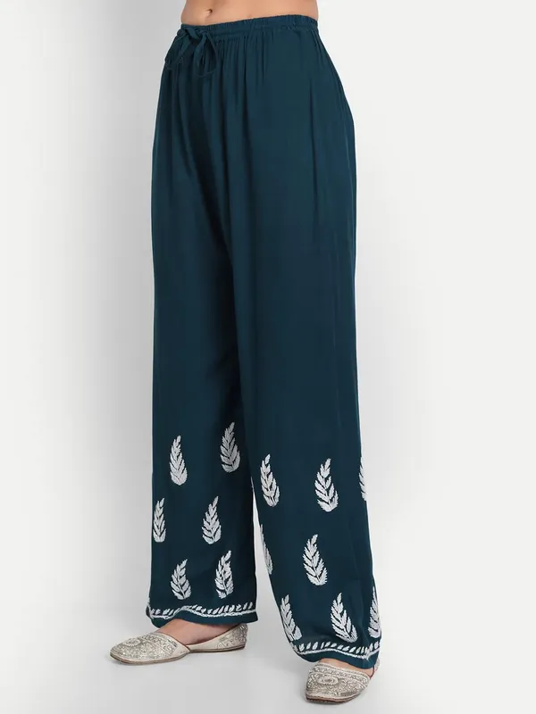 Turquoise_Blue_Lucknowi_Chikankari_Hand_Embroidered_Kurti_Palazzo_Set_Cotton