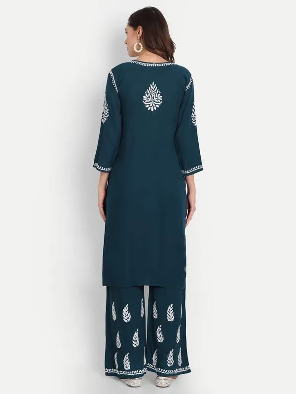 Turquoise_Blue_Lucknowi_Chikankari_Hand_Embroidered_Kurti_Palazzo_Set_Cotton