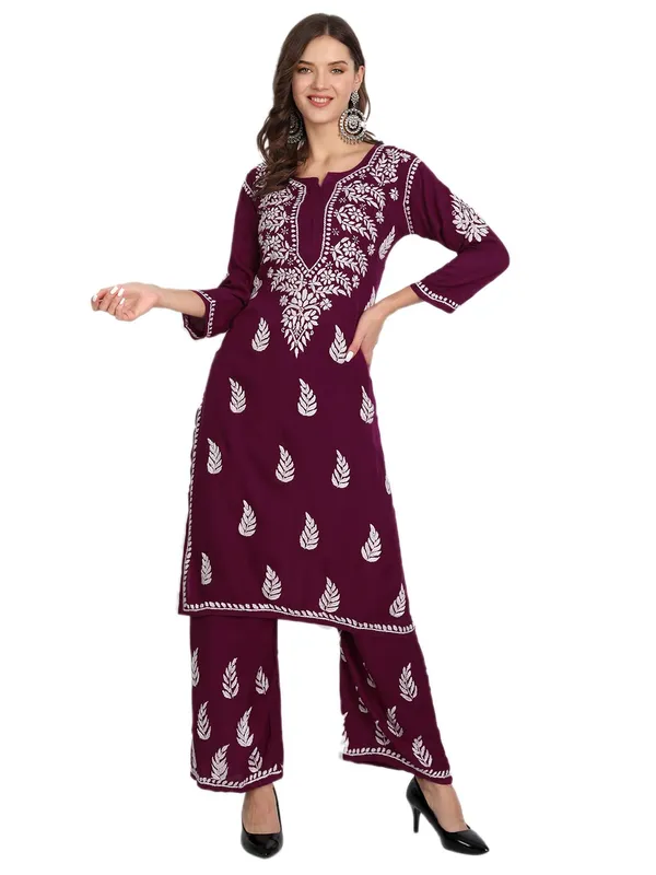 Wine_Lucknowi_Chikankari_Hand_Embroidered_Kurti_Palazzo_Set_Cotton