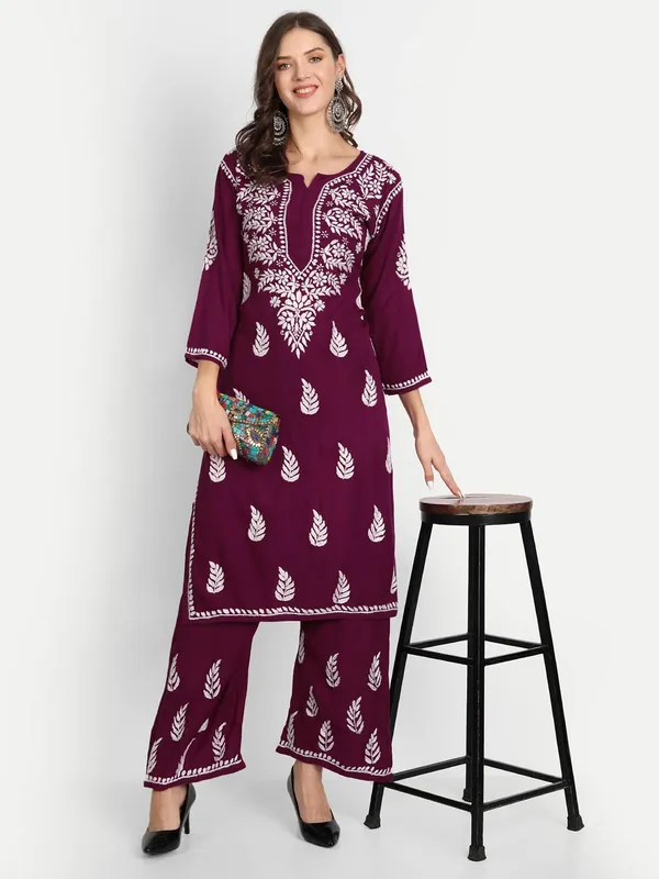 Wine_Lucknowi_Chikankari_Hand_Embroidered_Kurti_Palazzo_Set_Cotton