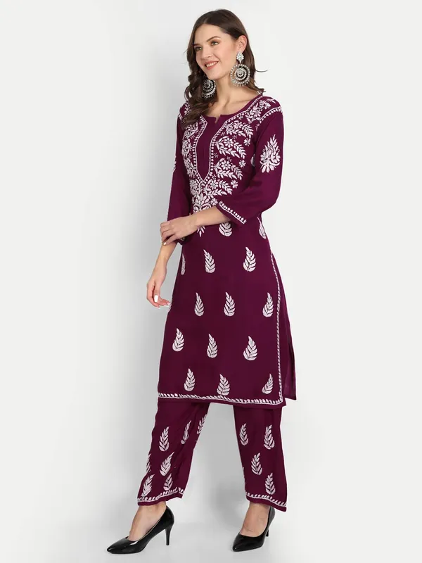 Wine_Lucknowi_Chikankari_Hand_Embroidered_Kurti_Palazzo_Set_Cotton