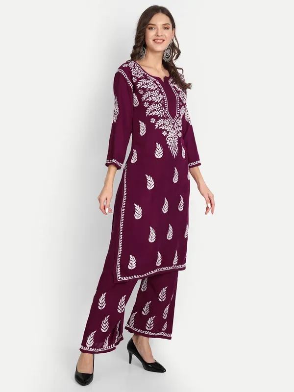Wine_Lucknowi_Chikankari_Hand_Embroidered_Kurti_Palazzo_Set_Cotton