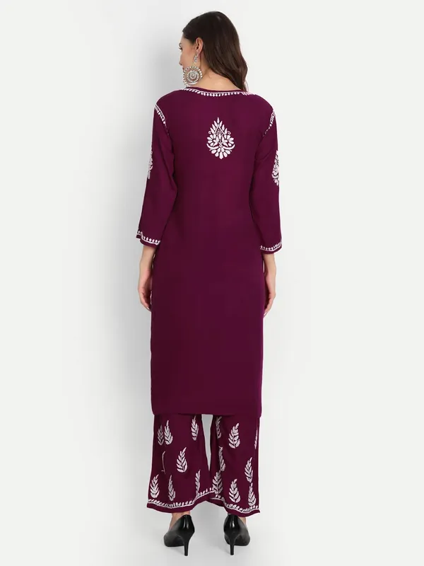 Wine_Lucknowi_Chikankari_Hand_Embroidered_Kurti_Palazzo_Set_Cotton
