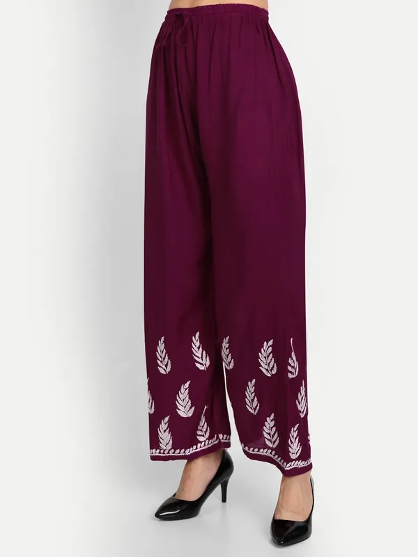Wine_Lucknowi_Chikankari_Hand_Embroidered_Kurti_Palazzo_Set_Cotton