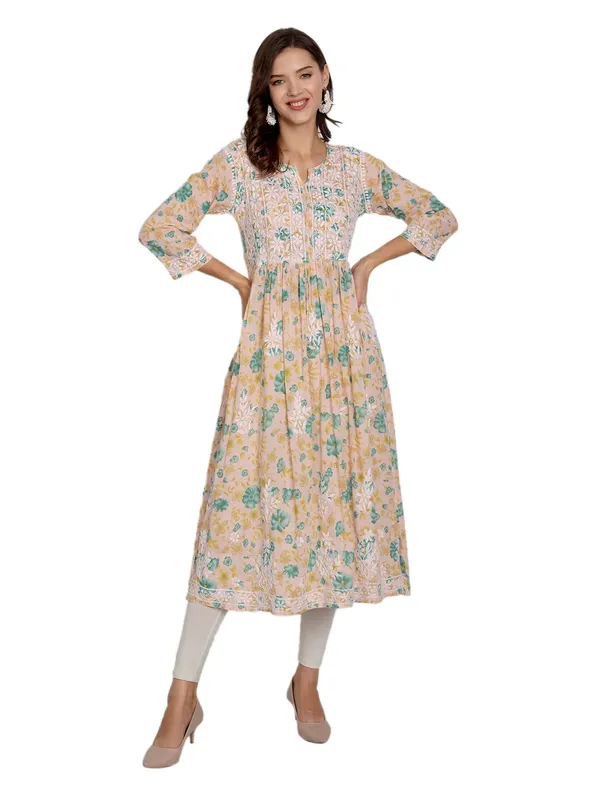 Sea_Green_Lucknow_Chikankari_Hand_Embroidered_Fit_And_Flare_Long_Kurti_Malmal_Cotton