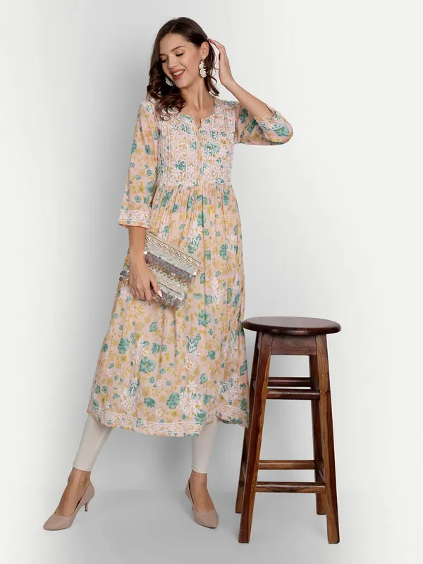 Sea_Green_Lucknow_Chikankari_Hand_Embroidered_Fit_And_Flare_Long_Kurti_Malmal_Cotton