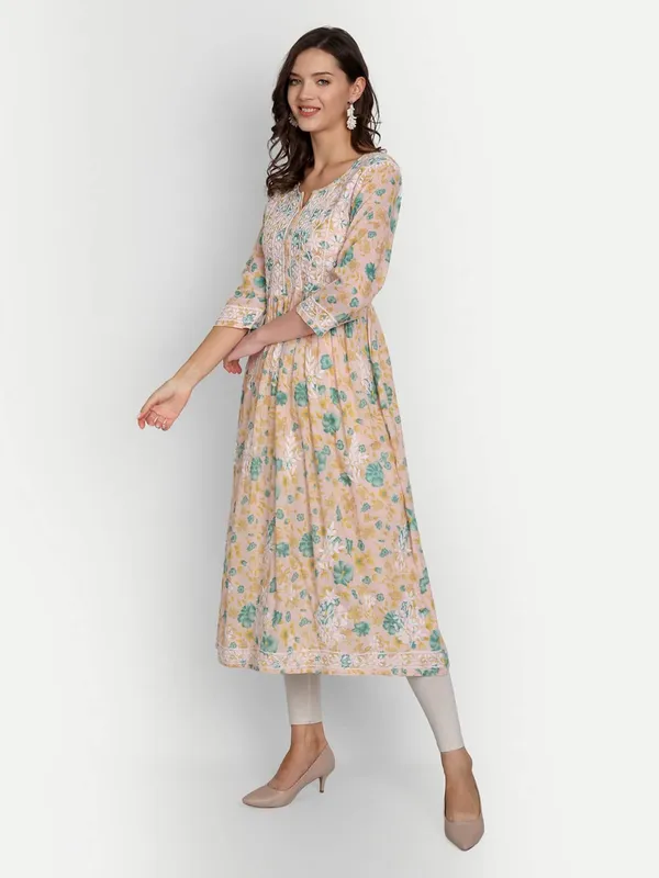 Sea_Green_Lucknow_Chikankari_Hand_Embroidered_Fit_And_Flare_Long_Kurti_Malmal_Cotton