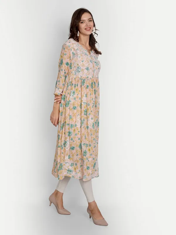 Sea_Green_Lucknow_Chikankari_Hand_Embroidered_Fit_And_Flare_Long_Kurti_Malmal_Cotton