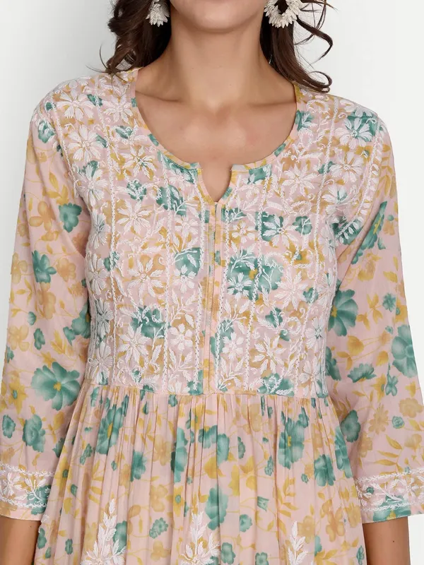Sea_Green_Lucknow_Chikankari_Hand_Embroidered_Fit_And_Flare_Long_Kurti_Malmal_Cotton