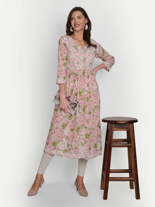 Peachpuff_Lucknow_Chikankari_Hand_Embroidered_Fit_And_Flare_Long_Kurti_Malmal_Cotton