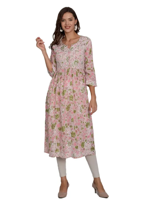 Peachpuff_Lucknow_Chikankari_Hand_Embroidered_Fit_And_Flare_Long_Kurti_Malmal_Cotton