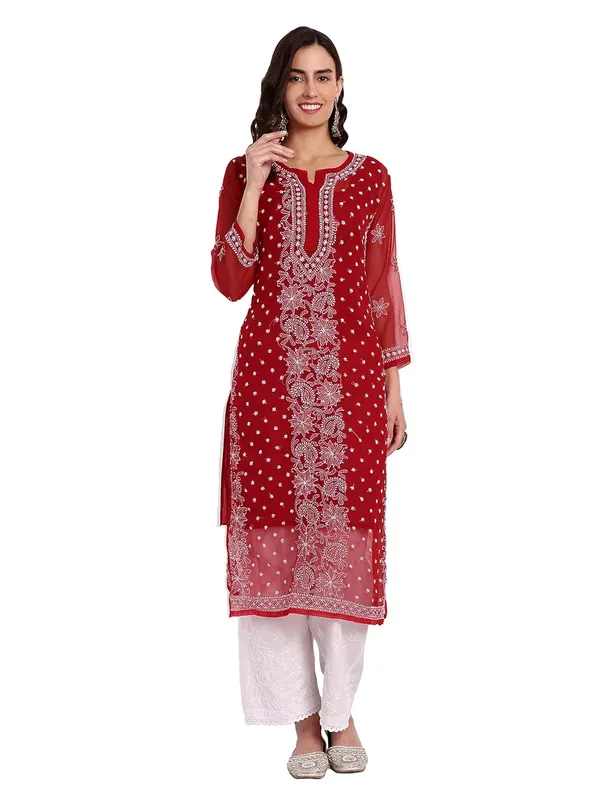 Maroon_Lucknow_Chikankari_Hand_Embroidered_Kurta_With_Matching_Slip_Georgette
