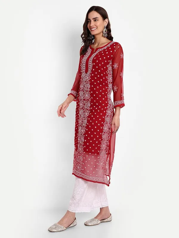 Maroon_Lucknow_Chikankari_Hand_Embroidered_Kurta_With_Matching_Slip_Georgette