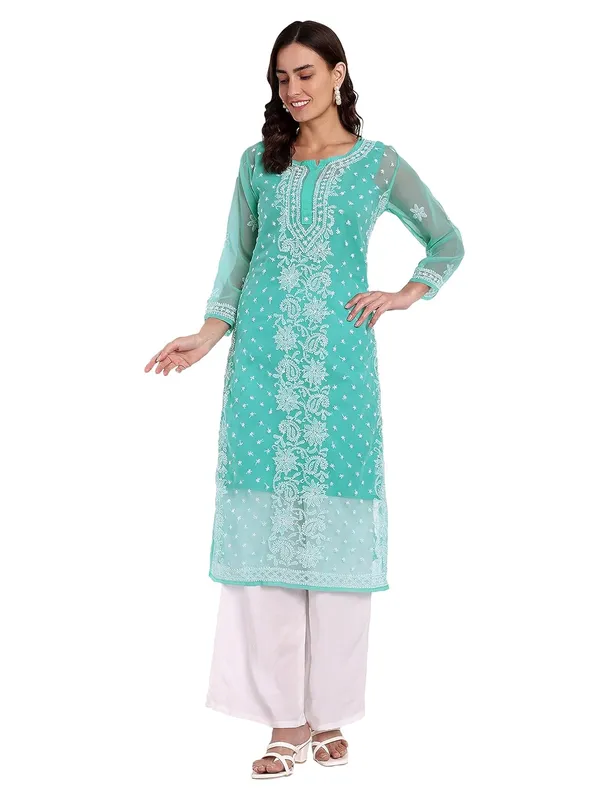 Sky_Blue_Lucknow_Chikankari_Hand_Embroidered_Kurta_With_Matching_Slip_Georgette