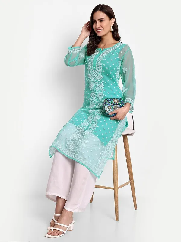 Sky_Blue_Lucknow_Chikankari_Hand_Embroidered_Kurta_With_Matching_Slip_Georgette