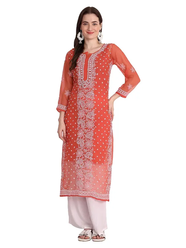 Ruby_Red_Lucknow_Chikankari_Hand_Embroidered_Kurta_With_Matching_Slip_Georgette