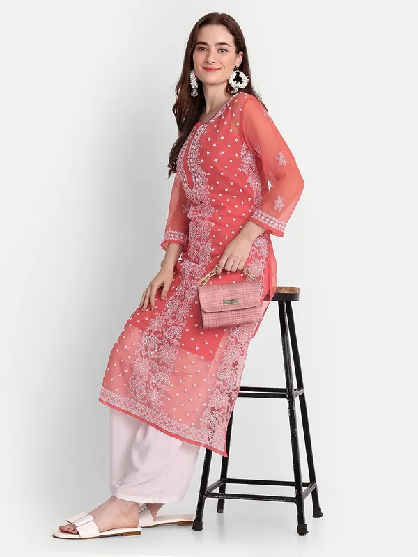 Ruby_Red_Lucknow_Chikankari_Hand_Embroidered_Kurta_With_Matching_Slip_Georgette
