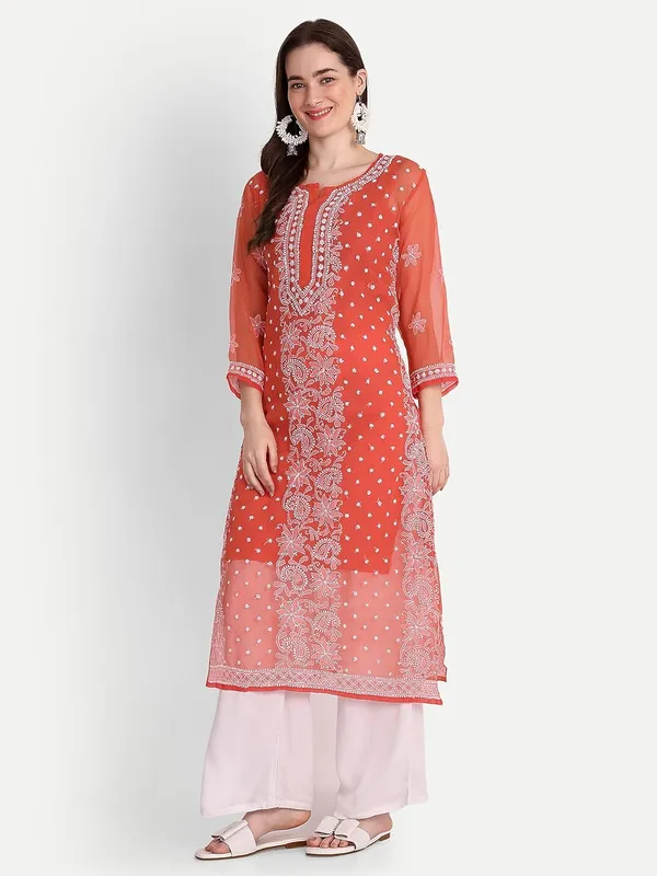 Ruby_Red_Lucknow_Chikankari_Hand_Embroidered_Kurta_With_Matching_Slip_Georgette