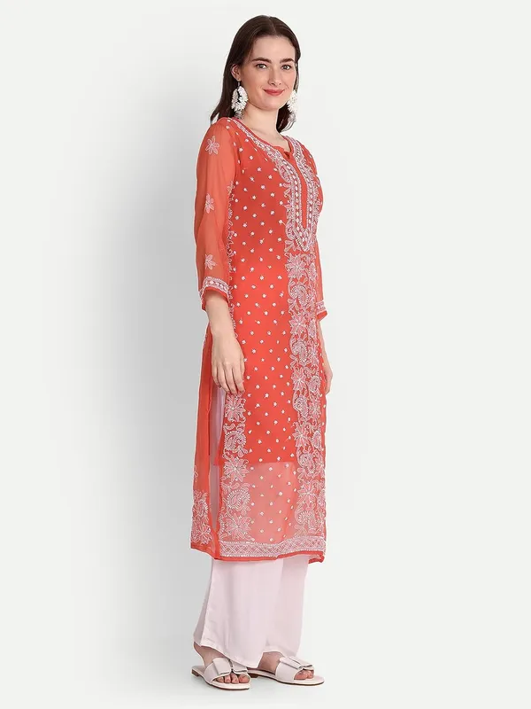 Ruby_Red_Lucknow_Chikankari_Hand_Embroidered_Kurta_With_Matching_Slip_Georgette